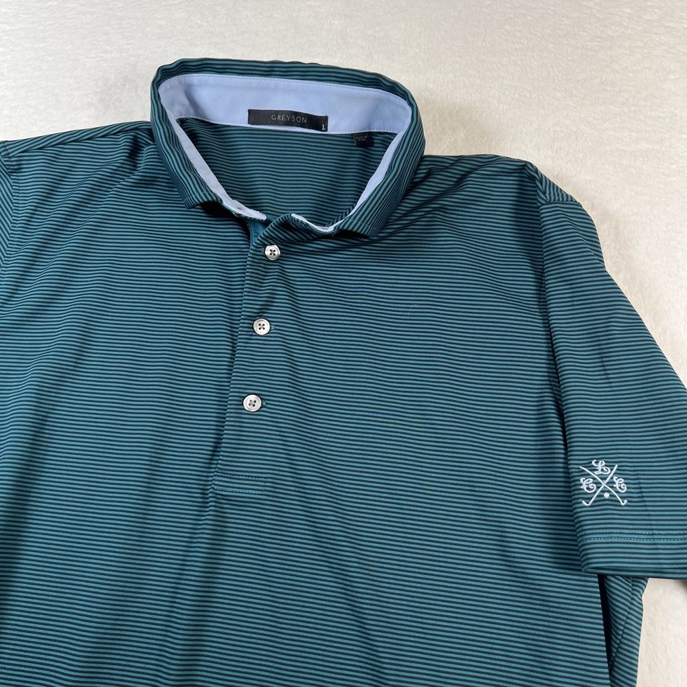 Greyson Polo Shirt Mens Large Blue Stripe Golf Performance Jersey Wolf Logo